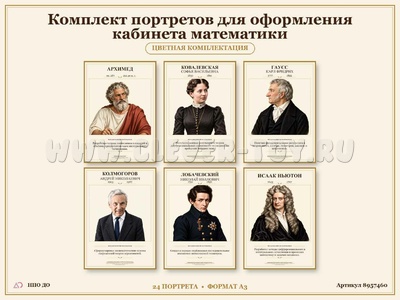 Комплект портретов для оформления кабинета математики. 24 портрета цветные